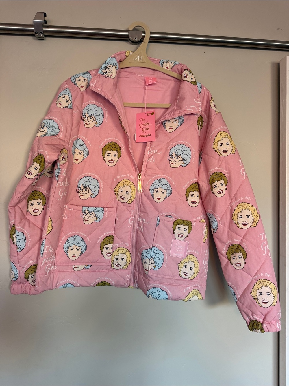Cakeworthy Pink Quilted Puffer Jacket with The Golden Girls Print